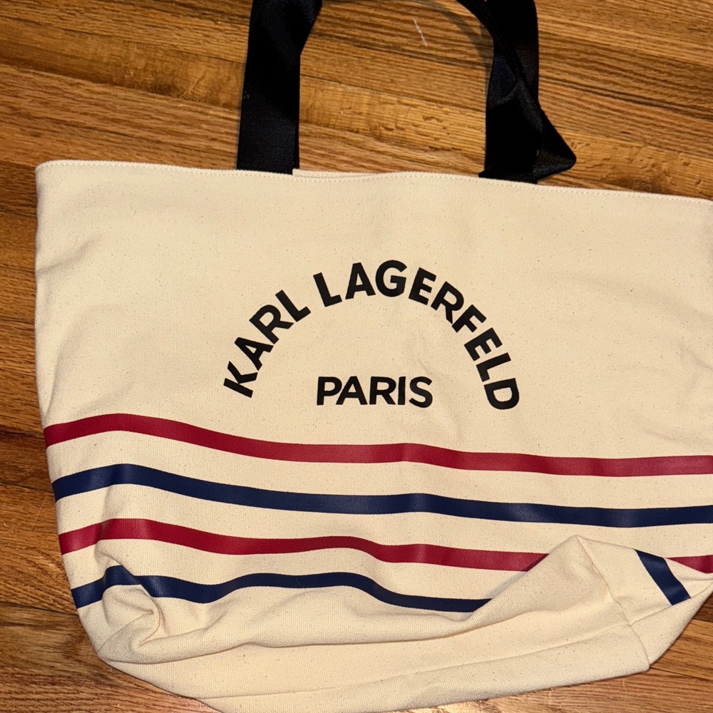 Karl Lagerfeld Cream Tote with Red and Blue Stripes